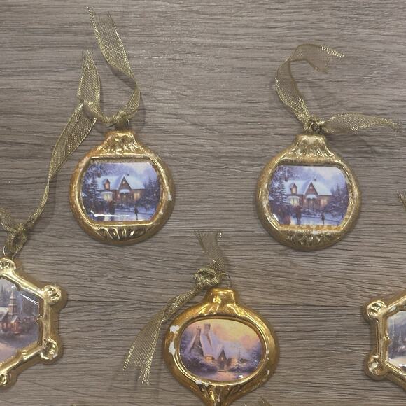 Vintage Christmas Ornament Thomas Kinkade Porcelain Gold Trim Lot Winter Scenes - Picture 3 of 10